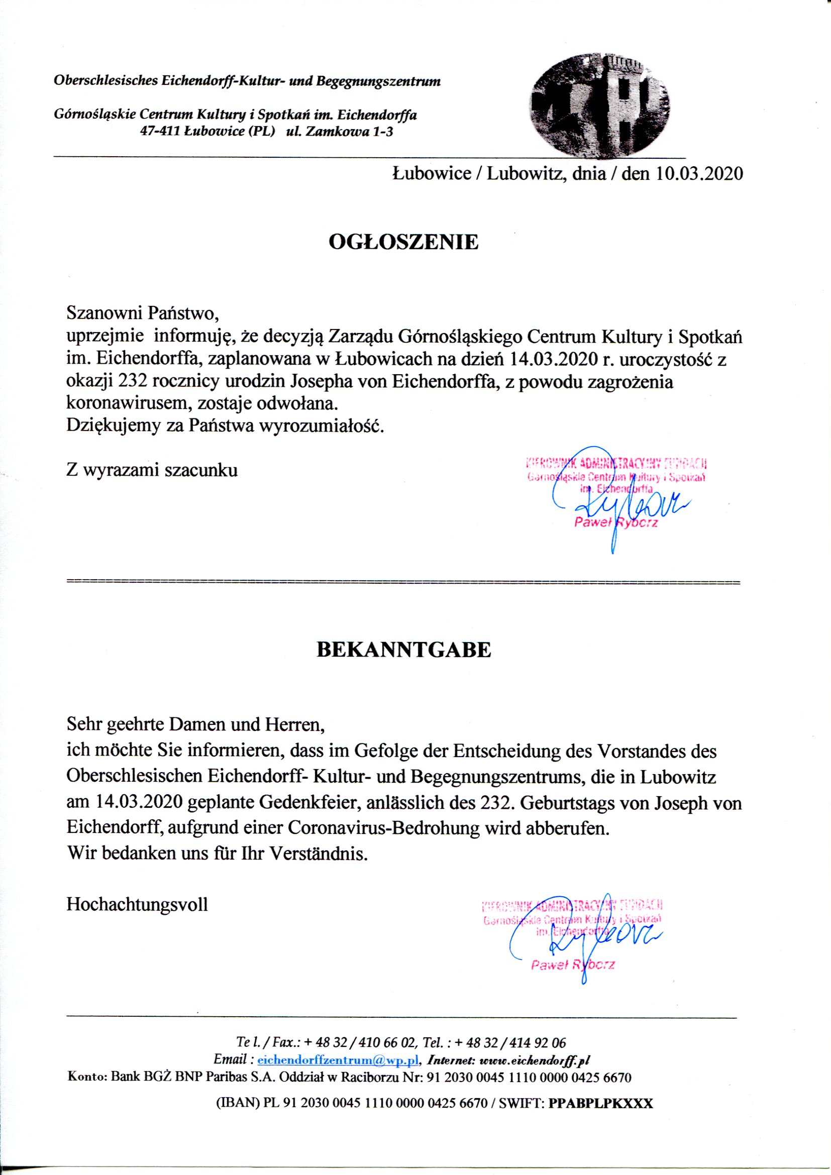 Bekantgabe des OEKBZ vom 10.03.2020