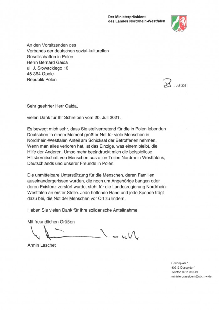 Brief des Ministerpräsidenten von Nordrhein-Westfalen / List premiera landu Nadrenia-Północna Westfalia 