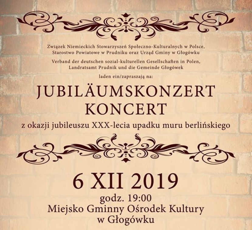 Zaproszenie na koncert z okazji jubileuszu XXX-lecia upadku muru berlińskiego w Głogówku