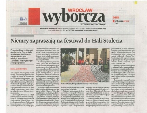 Zaproszenie na VI Festiwalu Kultury Mniejszości Niemieckiej także w Gazecie Wyborczej!