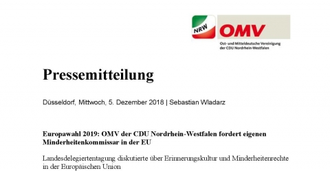 Informacja prasowa - Wybory Europejskie 2019: OMV w CDU Nadrenia Północna-Westfalia apeluje o własnego komisarza mniejszości w UE