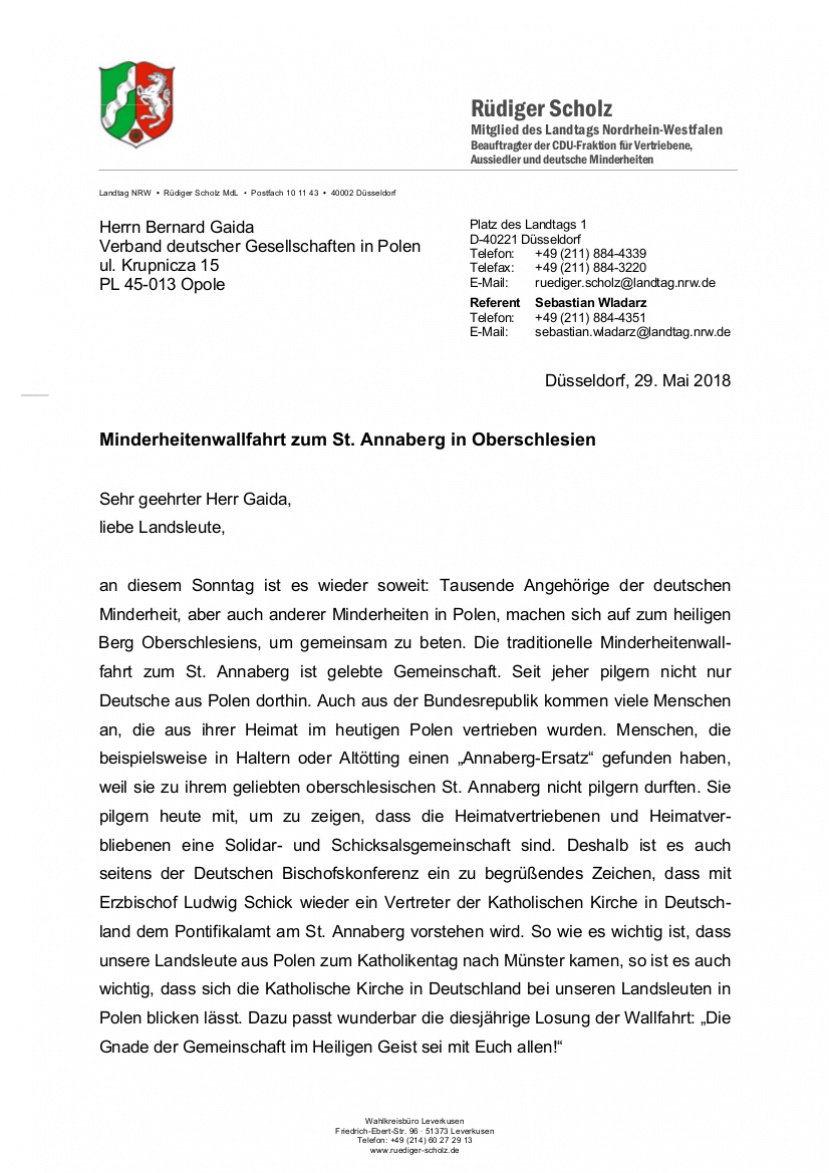 Der Beauftragte der CDU-Landtagsfraktion für Vertriebene, Aussiedler und deutsche Minderheiten Rüdiger Scholz richtet an die Teilnehmer der Minderheitenwallfahrt zum St. Annaberg ein Grußwort.