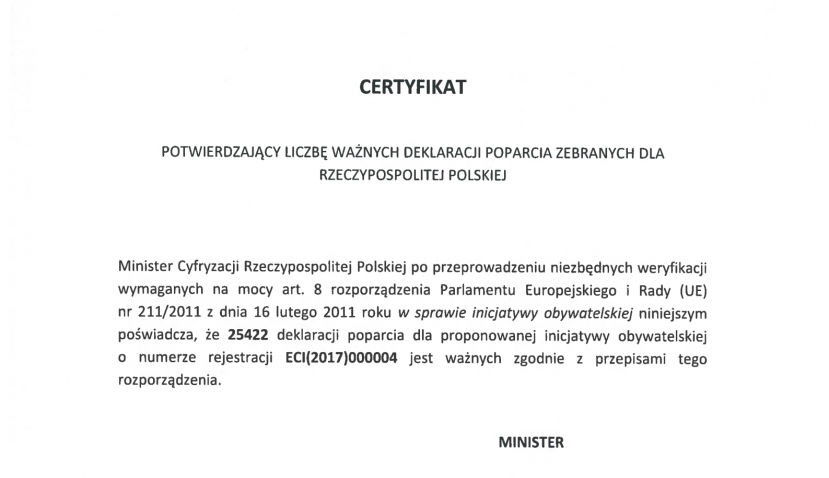 Certyfikat ważności podpisów zebranych w Polsce w ramach MSPI