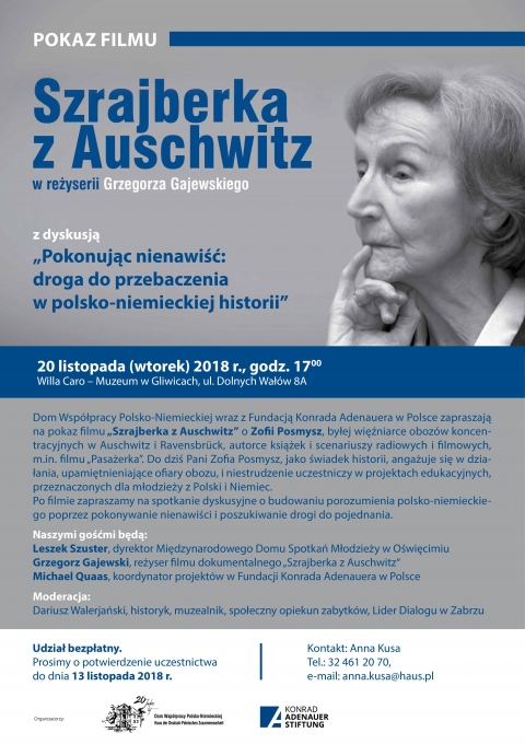 Pokaz filmu &bdquo;Szrajberka z Auschwitz&ldquo; z dyskusją w Gliwicach